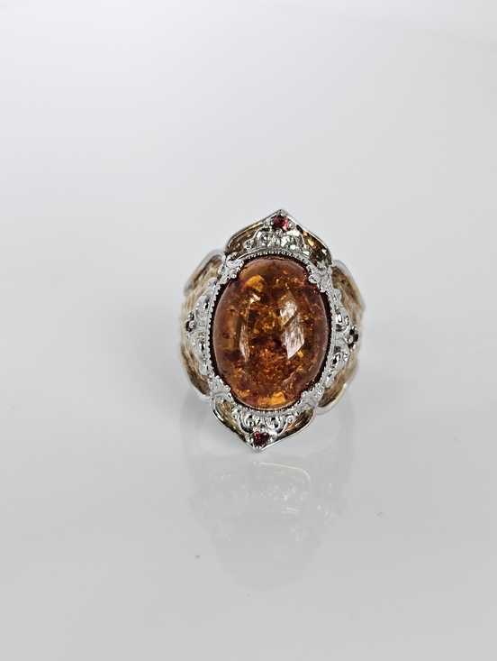 Gems En Vogue Jewelry - Natural Baltic Amber & Red Sapphire Ring 18K & Palladium Silver Sz 8